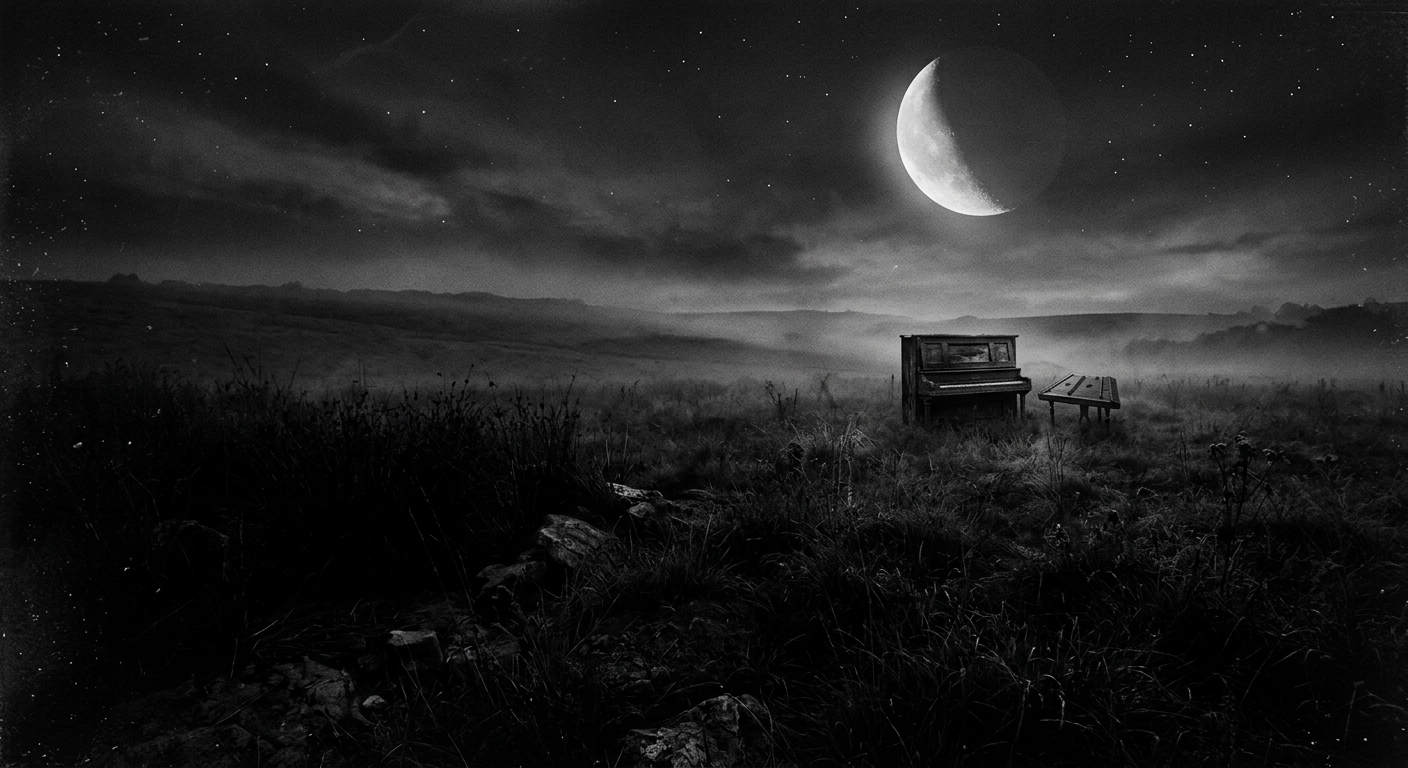 An abandoned piano and dulcimer in a misty field under moonlight