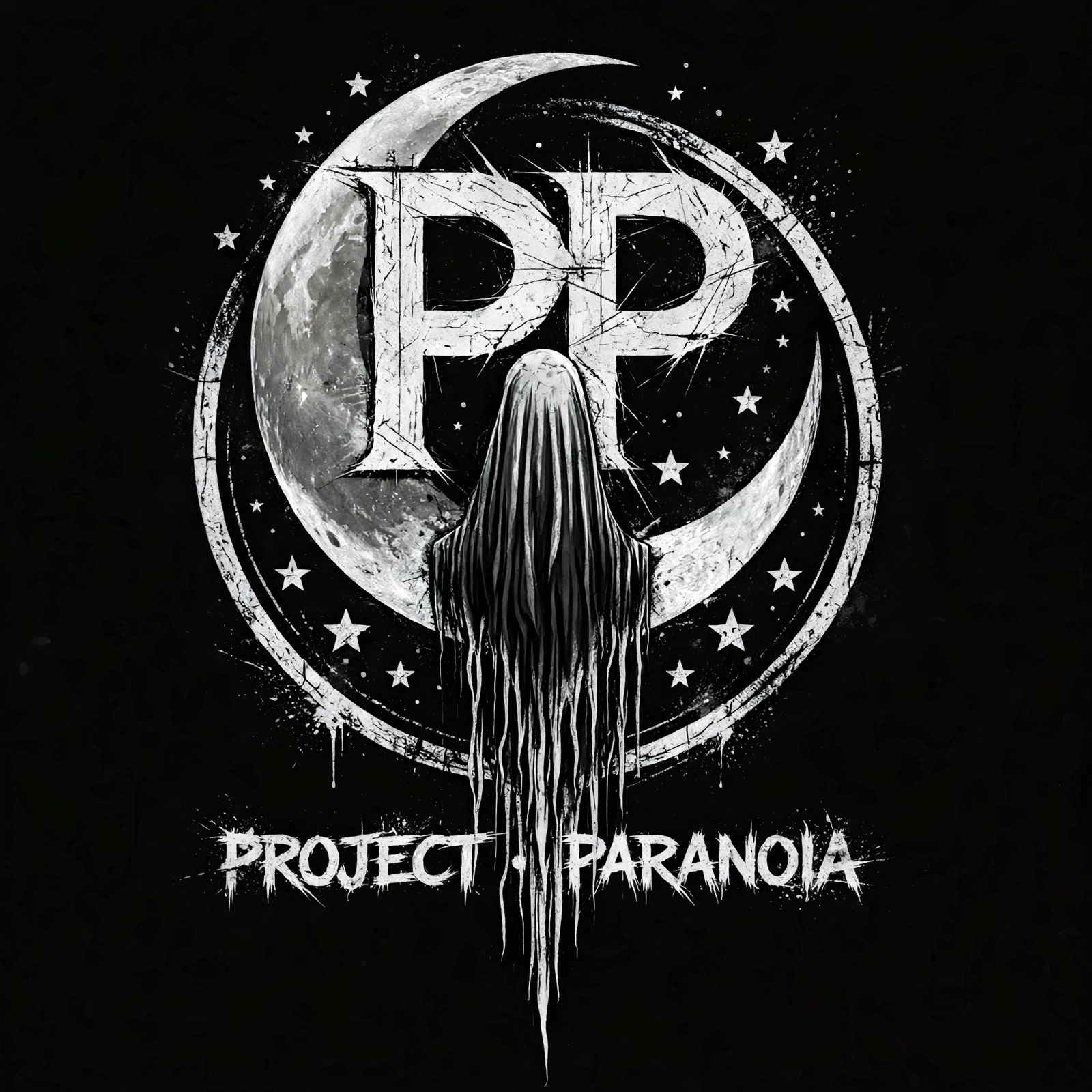 Project Paranoia logo: PP over a crescent moon with a veiled figure